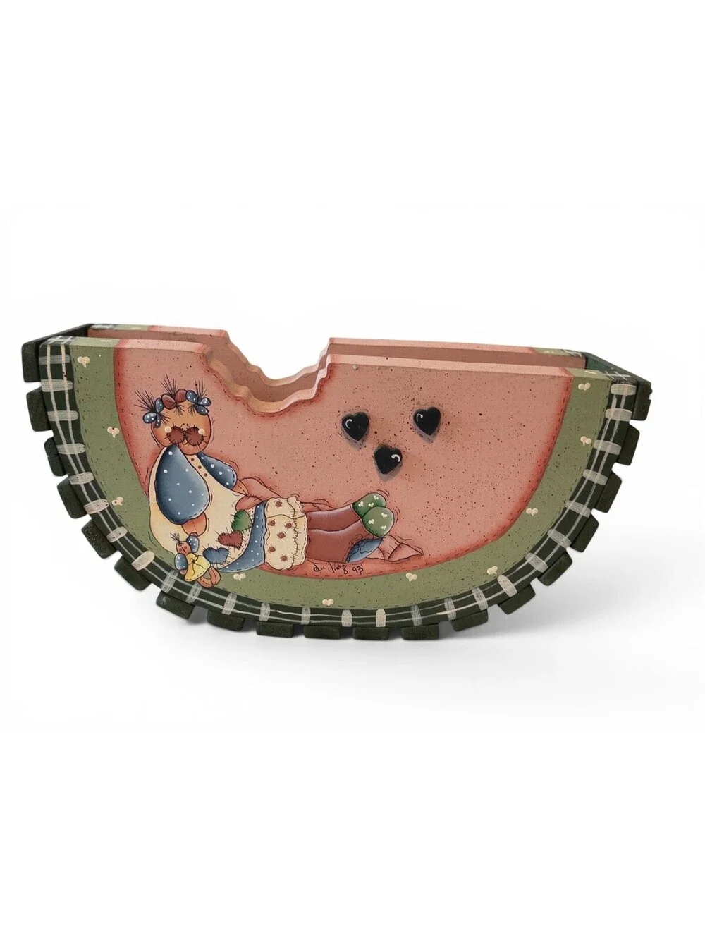 VTG 1993 Hand Painted Wooden Watermelon Napkin Holder Signed Country Folk Art